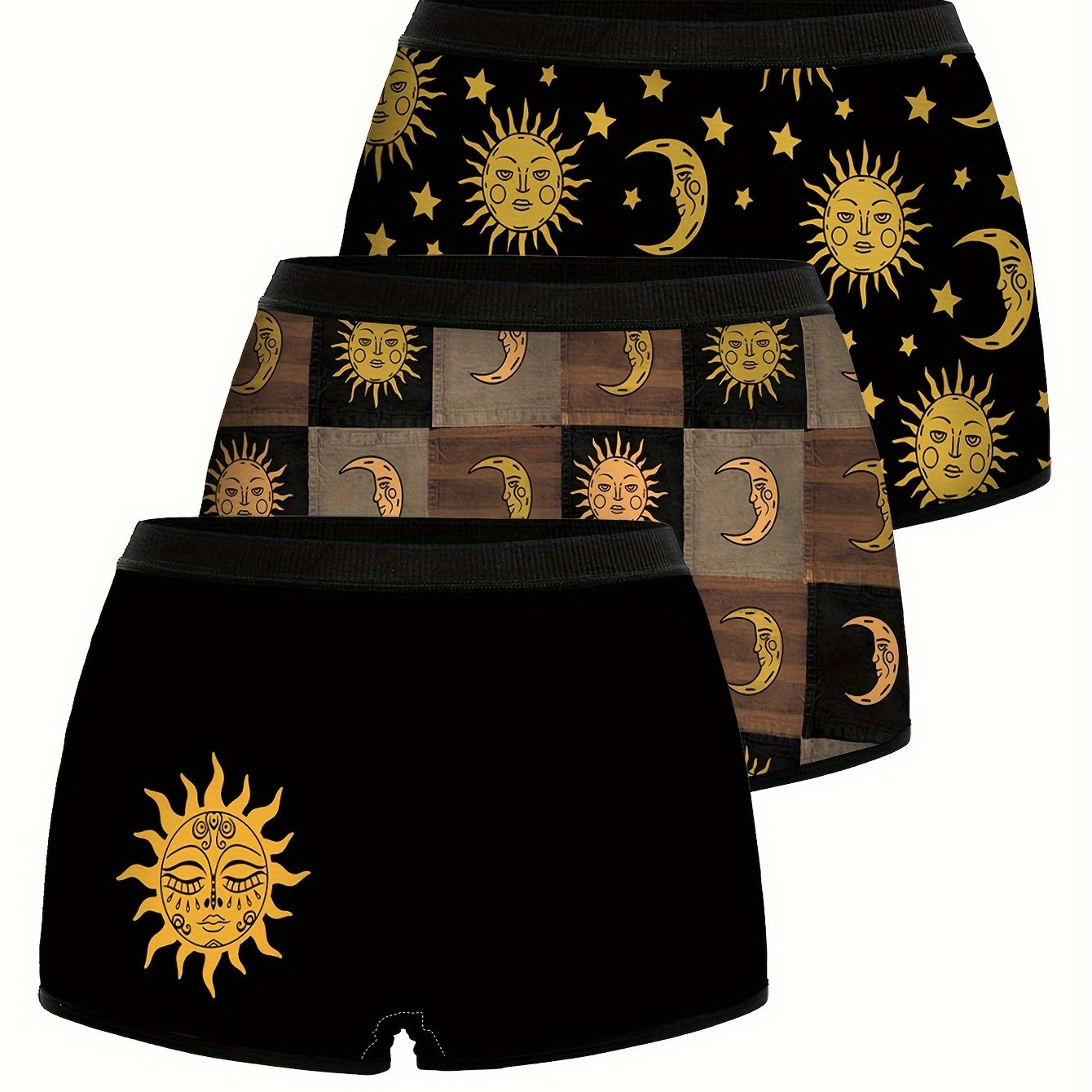 3pcs Boyshort Panties with Sun, Moon & Stars Print - Comfy Polyester Blend, Stretchy Elastane, Machine Washable