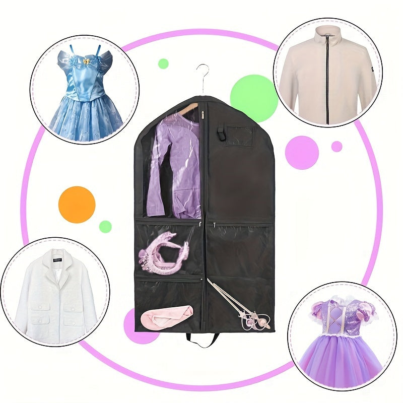 Durable costume dust cover bag with storage pouches, featuring a hanging design for suits and coats. Designed with a window and zipper for easy access, this household organization tool helps save space in the bedroom, bathroom, office, closet, wardrobe