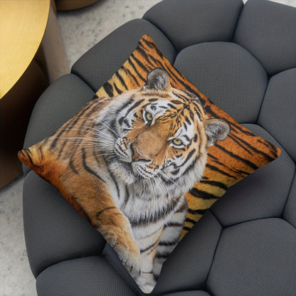 Tiger-themed plush pillow cover, 45.72x45.72 cm, zippered with single-sided print, ideal for sofa or bedroom, machine washable.