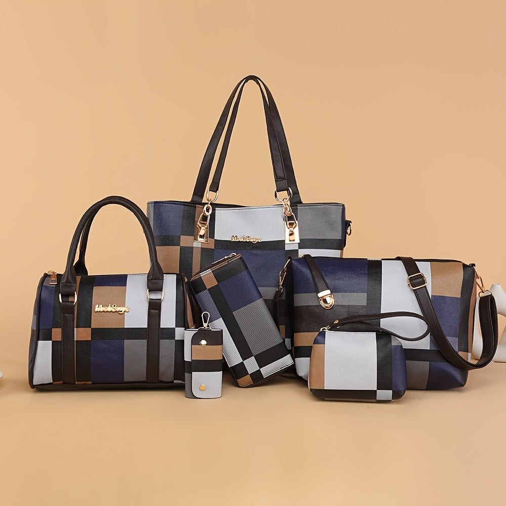 Checkered 6-piece fashion handbag set includes faux leather tote, crossbody, and shoulder bags with a simple versatile design for women.