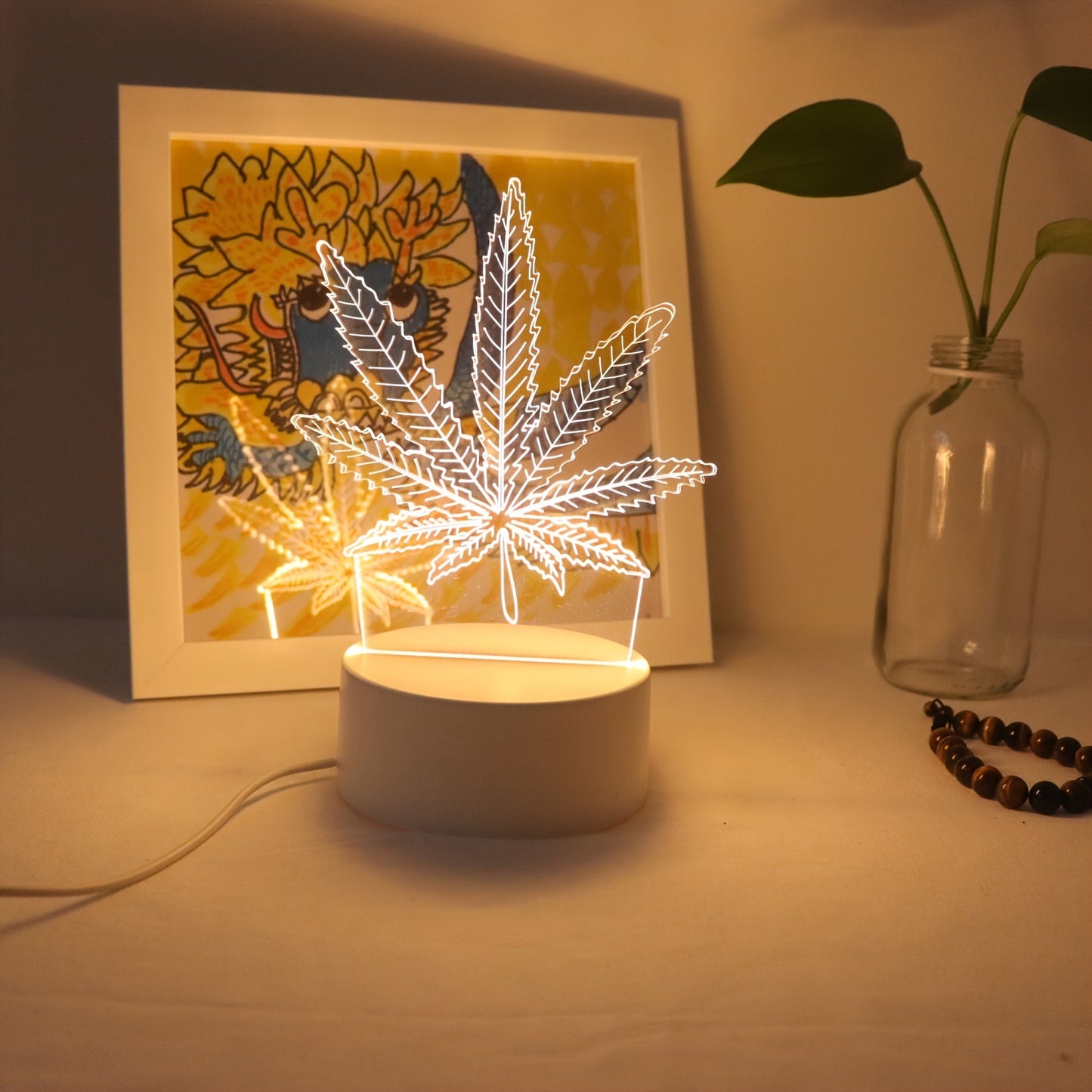 Maple Leaf 3D Visual Night Light with USB power, touch control, dimmable desk lamp and glass shade for elegant home decor.