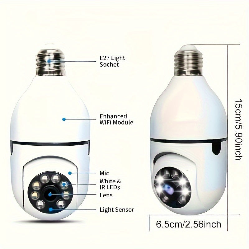 WiFi-enabled smart bulb camera with night vision capabilities, two-way audio, and a wide angle lens. Allows for real-time video streaming, remote monitoring, and compatibility with voice assistants. Ideal for ensuring the safety of youngsters and makes