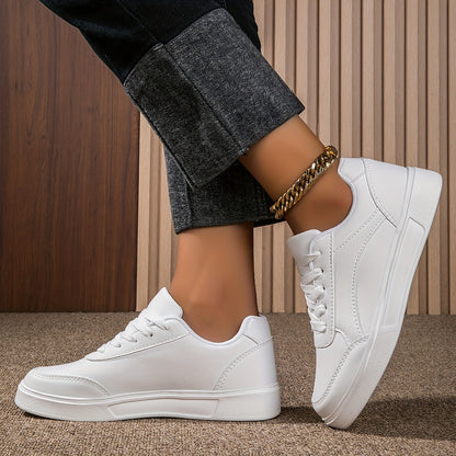 Women's classic white skate sneakers with durable build, casual lace-up low-top design, lightweight and comfortable non-slip EVA sole, easy to clean and versatile for walking or skating.