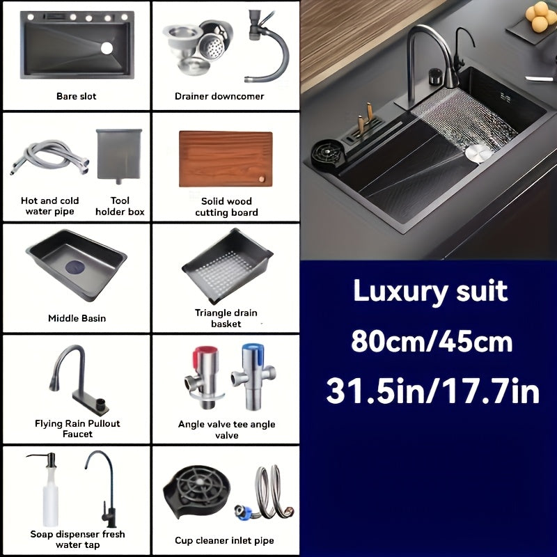 Glam Style Stainless Steel Kitchen Sink with Integrated Faucet, Right Drain, Polished Finish, Insert Mount, Waterfall Rainfall Feature, Built-in Knife Holder, for Modern Elegant Home