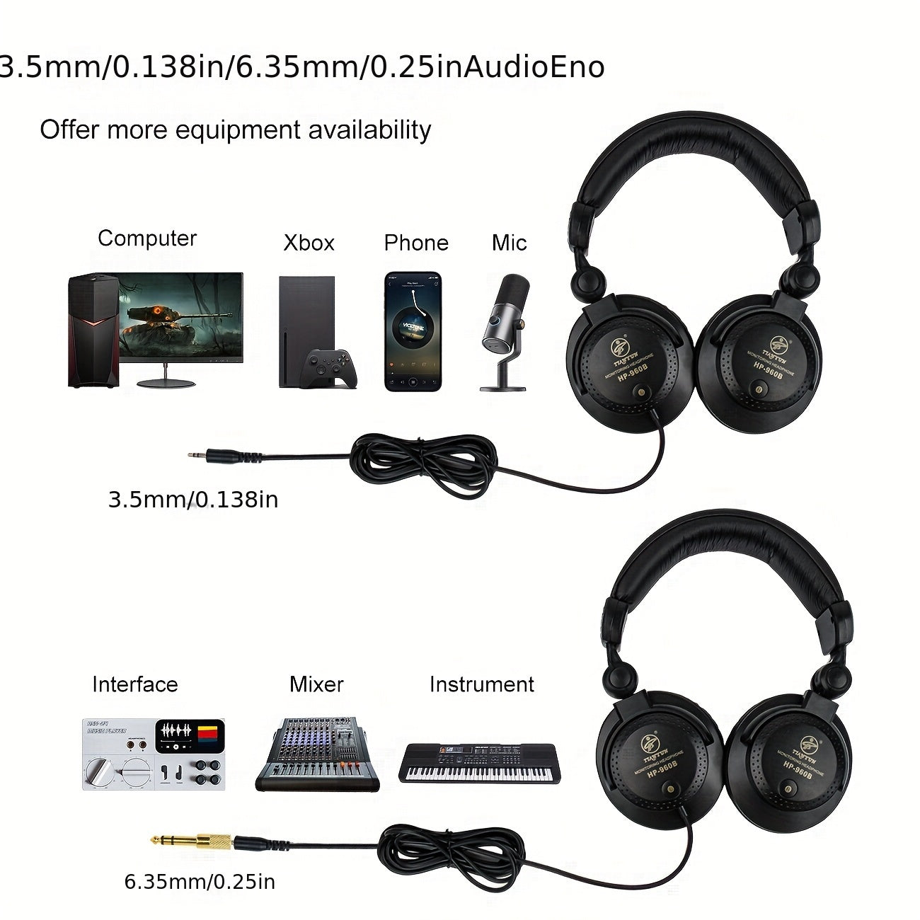 URIZONS High-end Studio Wired Monitor Headphones for Music electronic equipment with 3.5mm to 6.5mm Adapter.