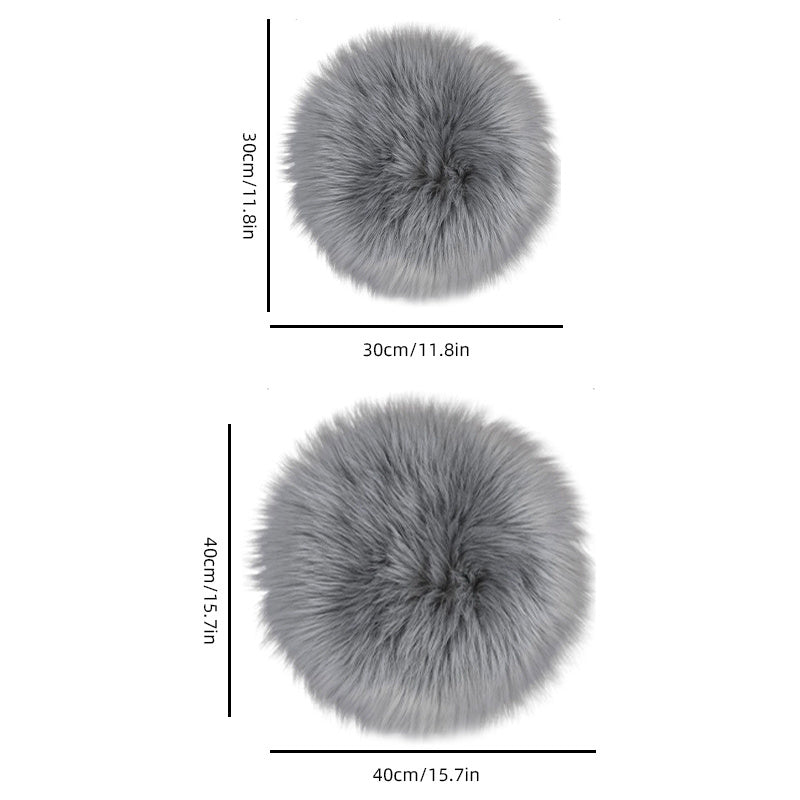 Soft and fluffy grey faux fur area rug and chair pad set. Perfect for adding a cozy touch to your living room. This set includes a small 12-inch round cover for seat cushions and carpet mats.