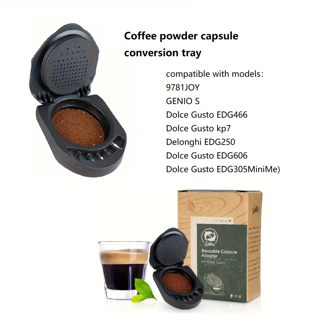 1pc Coffee Capsule Conversion Holder compatible with multiple Dolce Gusto models including 9781JOY/GENIO S, EDG466, KP7, EDG250, EDG606, and EDG305MiniMe.