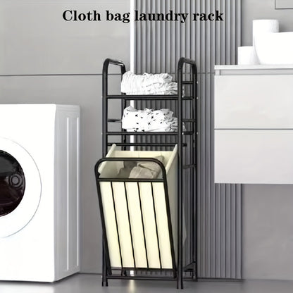 Modern metal laundry hamper with shelf, towel rack, removable liner bag, and open top storage basket in black for various rooms.