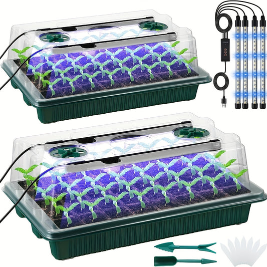 Seed starter kit with 2 trays, high dome, 80 cells, LED lights, timer, and 3 modes for indoor gardening.