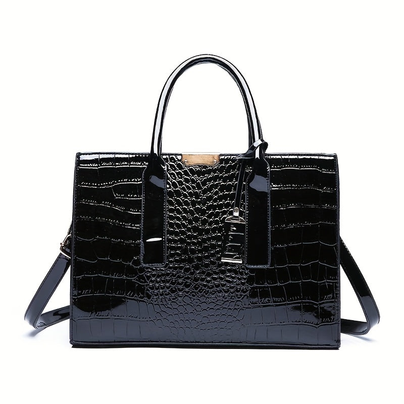 Stylish crocodile pattern handbag, great for travel or gifting, with spacious interior and versatile carrying choices.