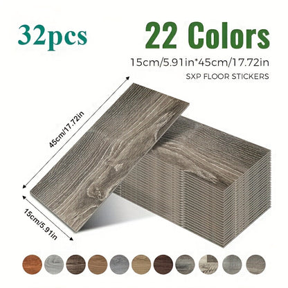 32 peel and paste floor tiles with wood grain design, 45cmx15cm, self-adhesive, waterproof, suitable for bedroom and home decor.