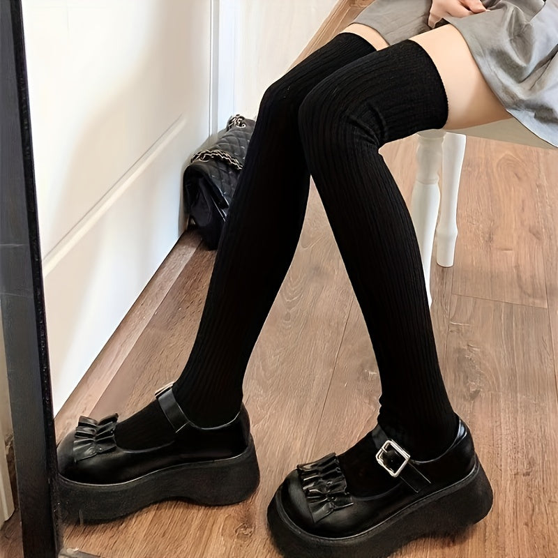 Autumn/Winter Long Stockings for Women in Japanese High Vertical Stripes, Black, Thickened for Warmth. Available in 1, 2, or 3 Pairs.