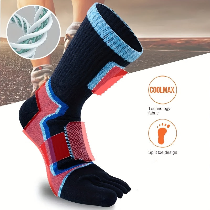 Three pairs of men's five-toe sports socks, sweat-absorbing and durable for cycling, sailing, and outdoor hiking. Medium-length, one size fits all (7-11), sweat-resistant.