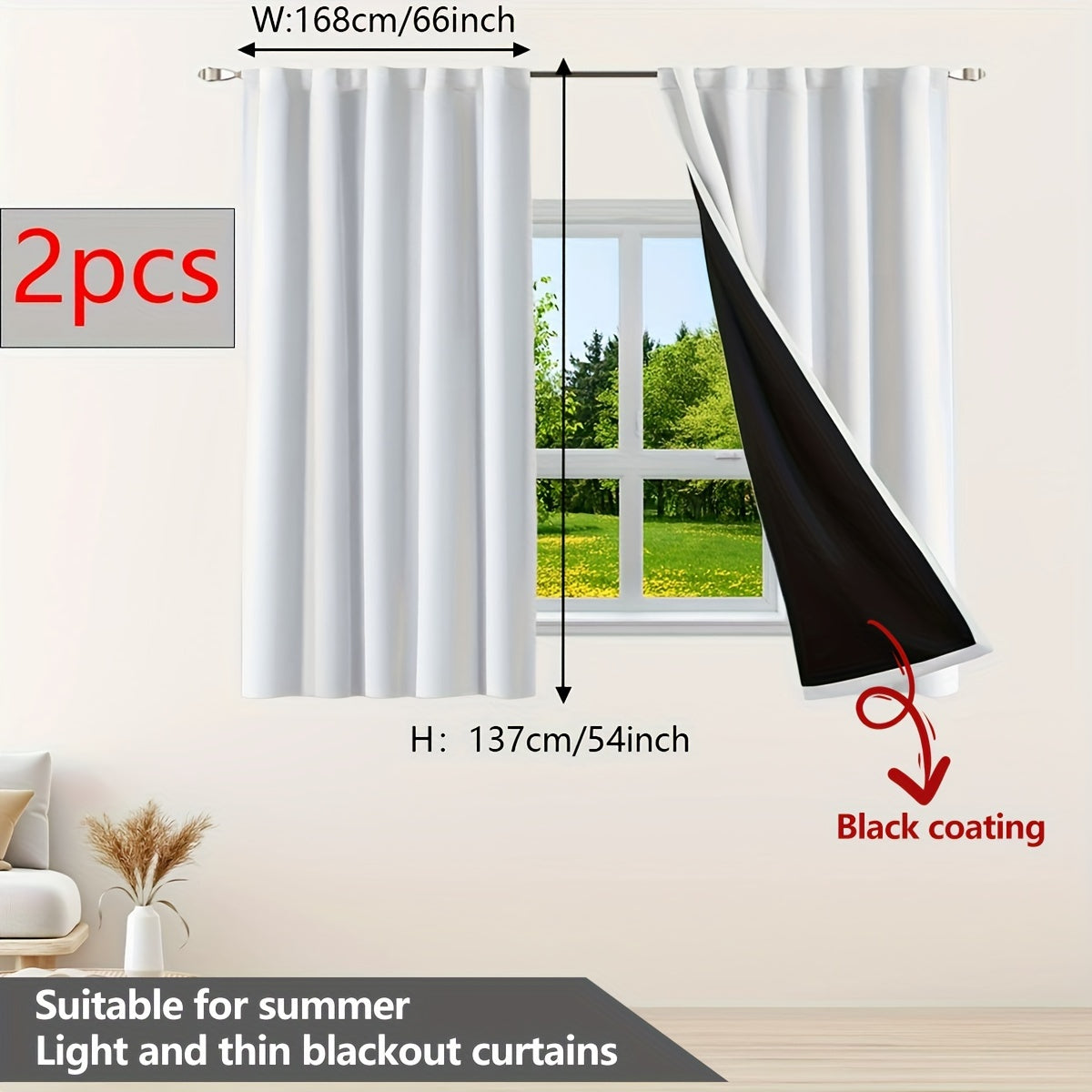 Two pieces of contemporary blackout curtains made from thermal insulated twill weave polyester. They are designed to reduce noise and block out light, making them perfect for the living room, bedroom, or study. These curtains feature a hook and ring rod