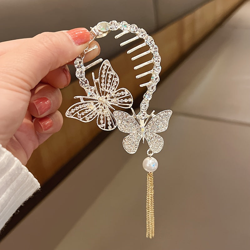 Golden butterfly hair clip with rhinestones & pearls, tassel ponytail holder for women, perfect for parties.