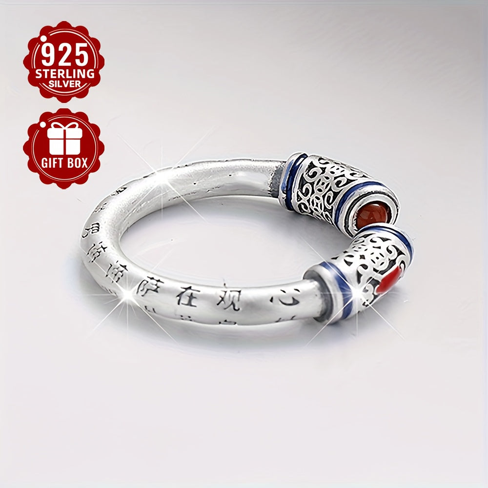 Open ring crafted from 925 sterling silver, featuring a retro, neutral, and national design with a drop glue red agate heart sutra carving. The matte finish adds a touch of elegance, making it suitable for party gatherings. Perfect for both men and