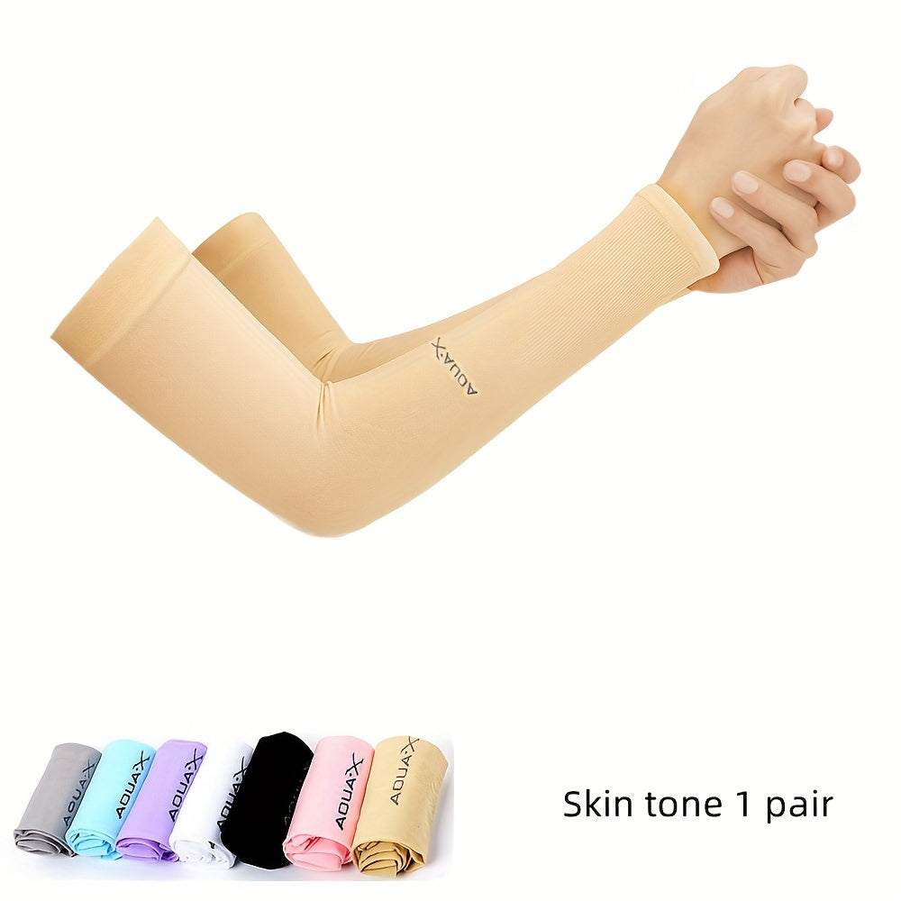 Protective arm sleeves made of high-elastic nylon ice fabric provide UV protection for various outdoor activities such as driving, fishing, running.