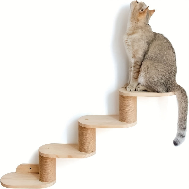 Rustic solid wood cat climbing shelves with sisal-covered posts for indoor cats.