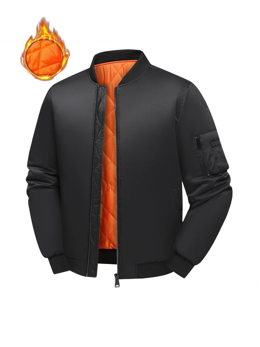 Men's plus size bomber jacket with preppy style, solid color, zipper details, baseball collar, and polyester filling. Made of non-stretch woven fabric with regular fit and length.