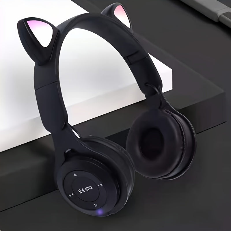 Wireless headset with foldable, luminous cat ears and colorful LED lights, perfect gift for birthdays, travel, and everyday use on tablets, computers, TVs, and cellphones.