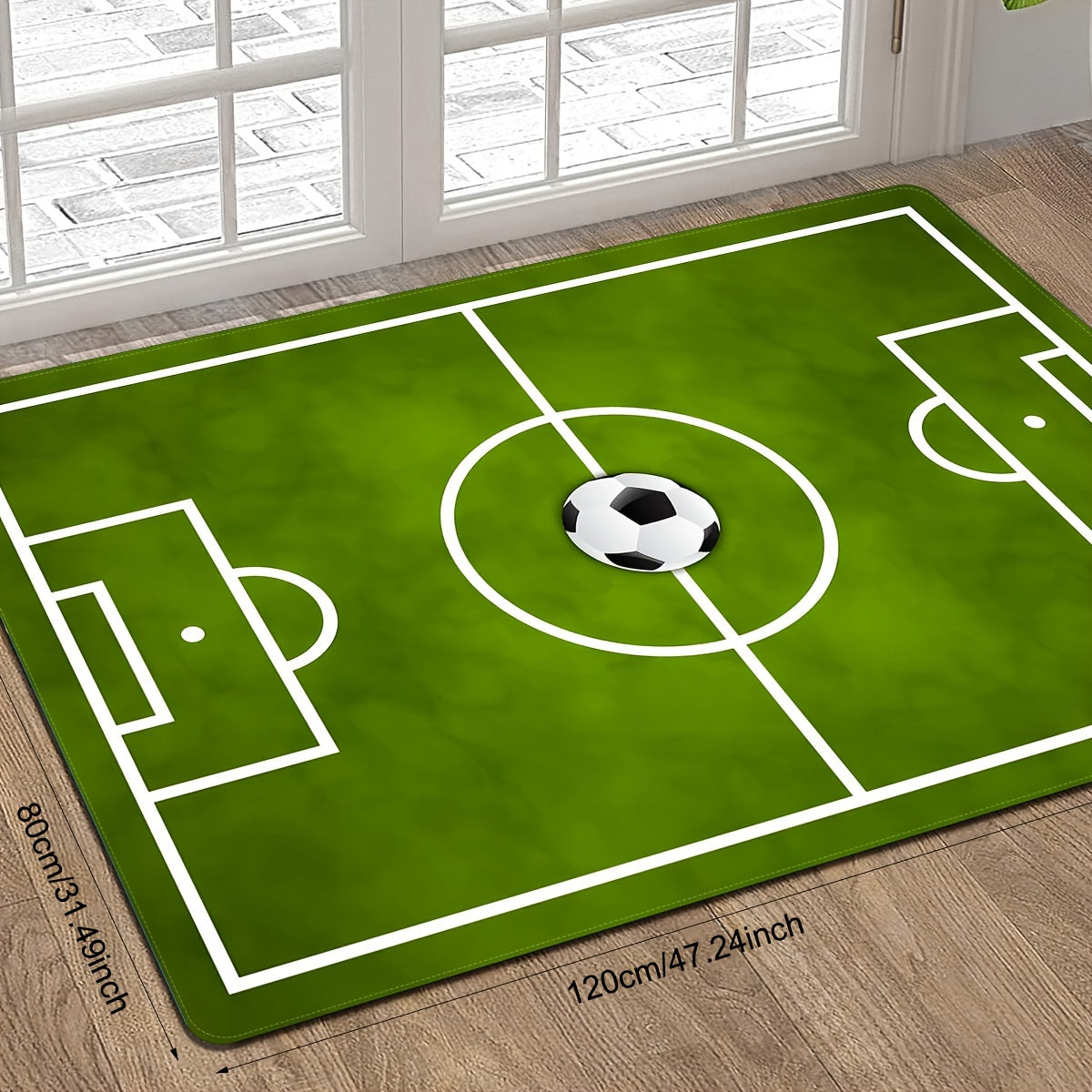 Add a vibrant touch to your home decor with this vibrant green soccer stadium design area mat. Made from soft, non-slip polyester, this stain-resistant rug is perfect for living rooms, doorways, hallways, and balconies. Bring a sporty vibe to your space