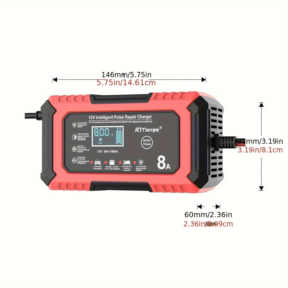 12V 8A Smart Pulse Repair Charger with LCD Display for Vehicles - Intelligent Battery Maintainer for Various Battery Types - Automatic Mode, Overheat & Overcharge Protection, Stylish Red &