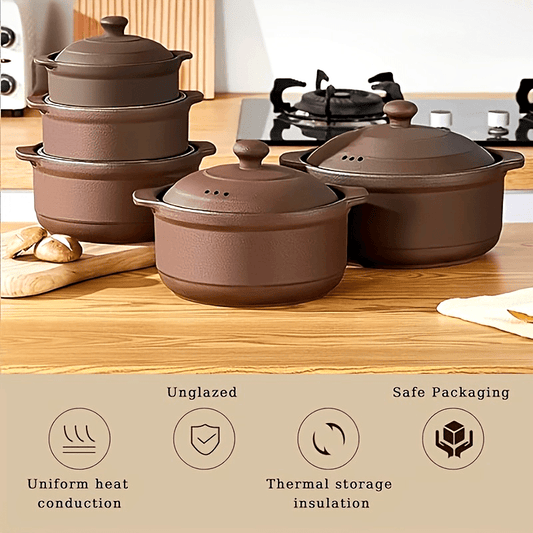 Traditional ceramic clay pot with lid for cooking, featuring thermal storage insulation, even heat conduction, and secure packaging.