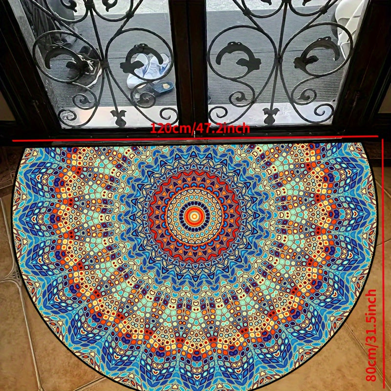 Mandala Flower Half Round Doormat - Non-slip, Machine Washable Polyester - Indoor/Outdoor Bedroom Hallway Patio Entryway Carpet - Photo Prop Gift Available in Various Sizes: 15x23, 19x31, 23x35, 31x47 inches.