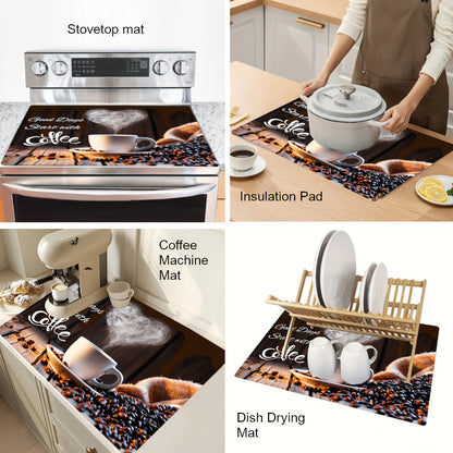 Upgrade your kitchen with this coffee-themed stove top protector! Measuring 28.5x20.5 inches (72.5x52cm), this extra large mat is made of diatom mud material that is non-skid and water-resistant. Perfect for use with electric stoves, coffee machines