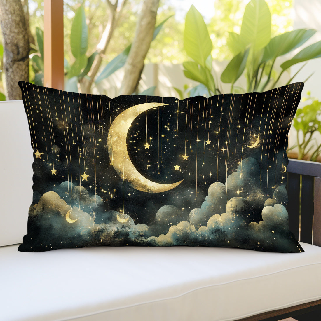 Contemporary starry night moon design throw pillow cover made of 100% polyester woven peach skin velvet, machine washable with zipper closure. 30x50cm size with decorative cushion case for any room.