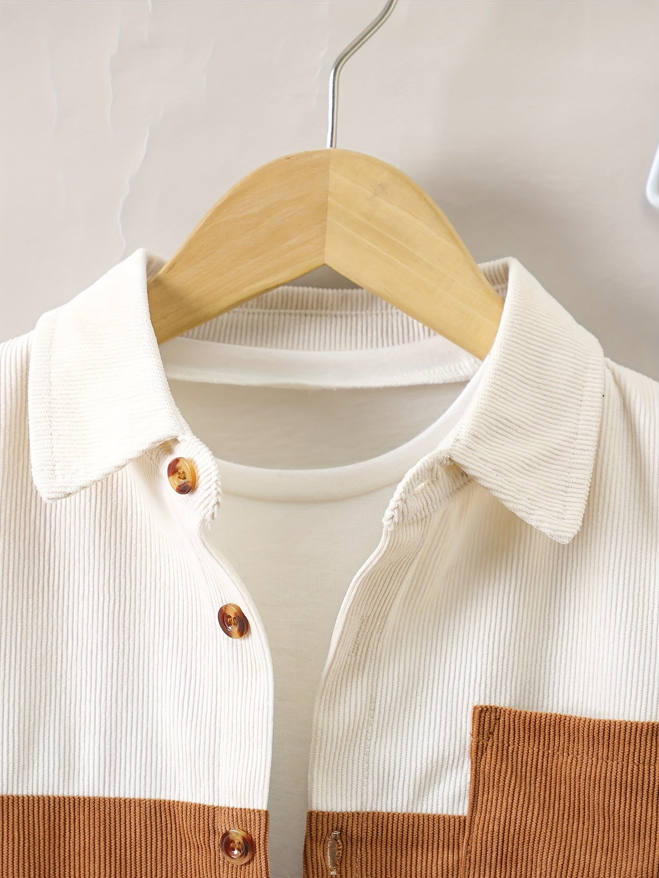 Boys' Color Block Corduroy Shirt - Casual, Loose Fit Button-Up, Pockets, Long Sleeve, Beige/Brown/Green/White, Machine Washable, Spring/Fall Wear