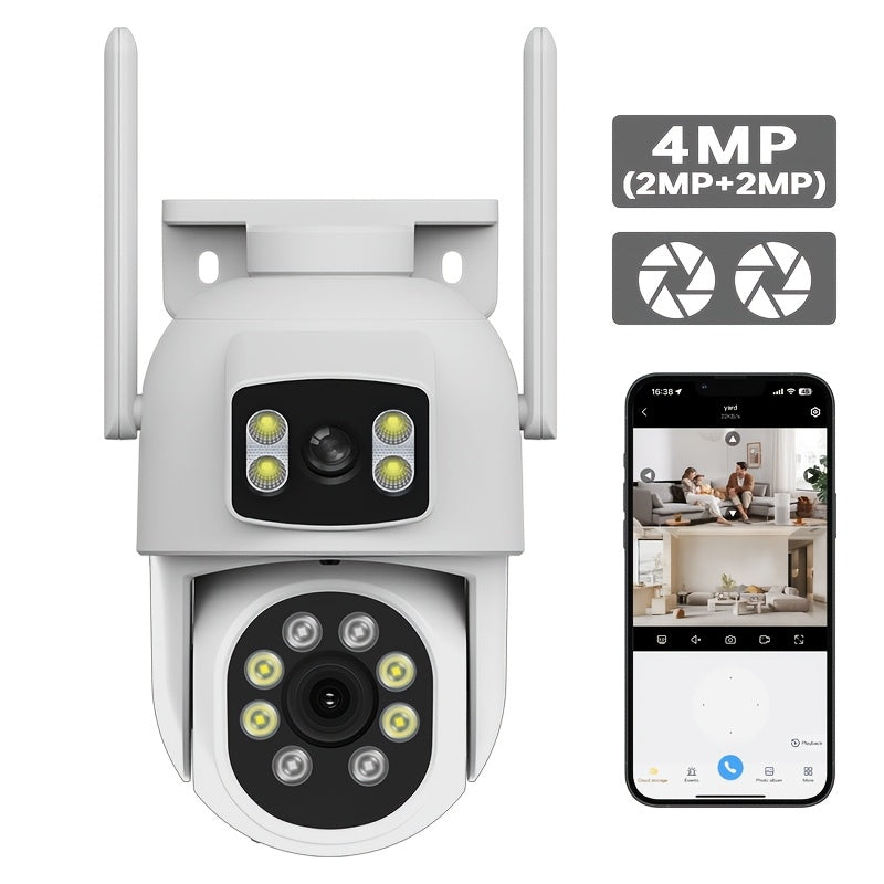 A single unit of a wireless PTZ security camera with dual lenses, featuring a 4MP resolution - 2MP fixed lens and 2MP rotating lens. Offers 1920p resolution and color night vision capabilities, along with two-way audio. IP65 waterproof and made of ABS