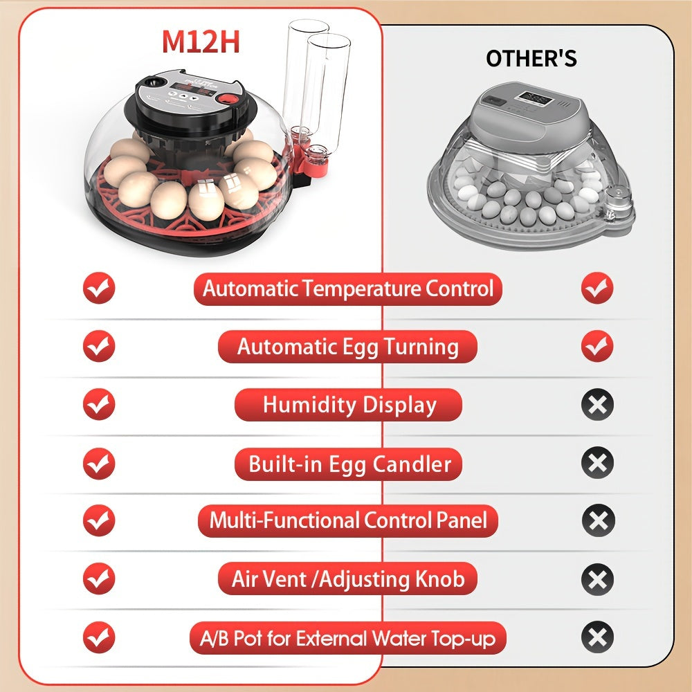 Package includes fully automatic incubator for 12 eggs with turning and humidity control, ideal for hatching various bird eggs at home.