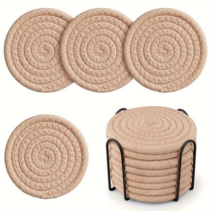 Set of 8 round cotton woven drink coasters with holder, absorbent and ideal for protecting dining tables and adding to home decor. Great housewarming gift.