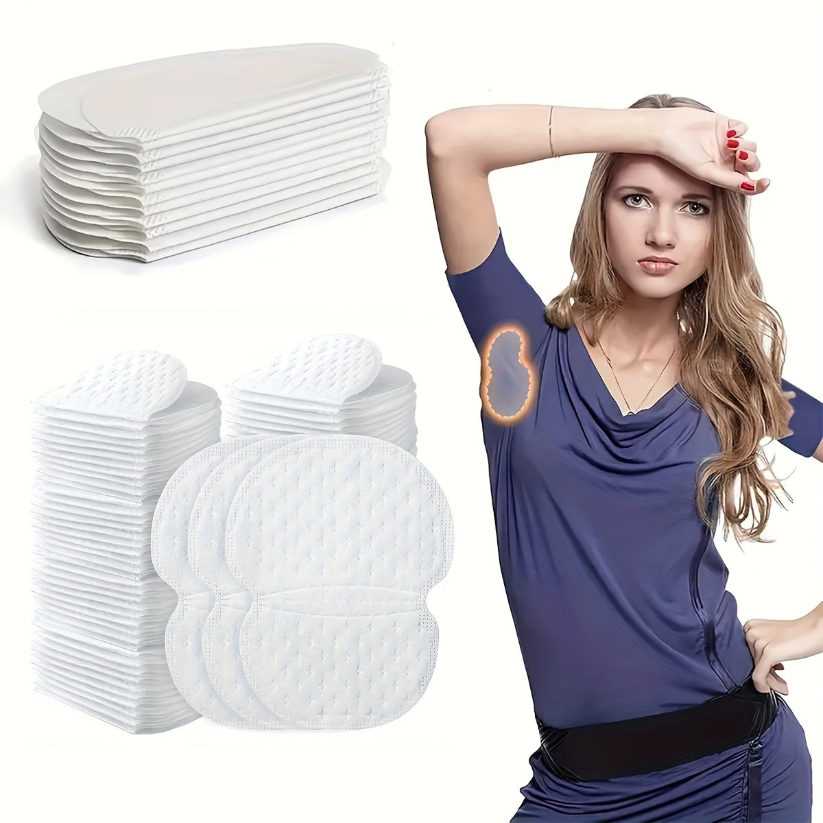 Disposable armpit sweat absorbing pads available in packs of 20, 50, and 100. Provides comfortable and strong sweat absorption.