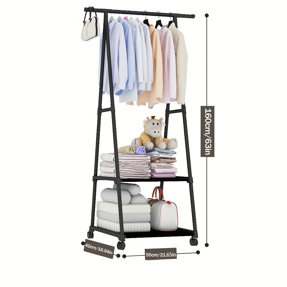 Versatile Metal Clothing Rack with Triangular Wheeled Stand, Portable Multi-Layer Organizer for Hanging Clothes and Coats, Ideal for Home, Kitchen, and Closet Organization.