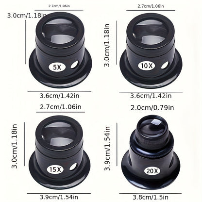 Set of 4 Watch Repair Magnifiers - Includes eye loupes with 5x, 10x, 15x, and 20x magnification for Jewelry & Watchmakers, Made of Long-lasting Plastic