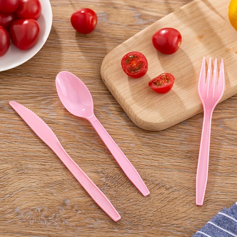 Set of 3 colored disposable plastic tableware pieces for weddings, birthday parties, and cake servings. Includes knives, forks, and spoons (30 pieces total).