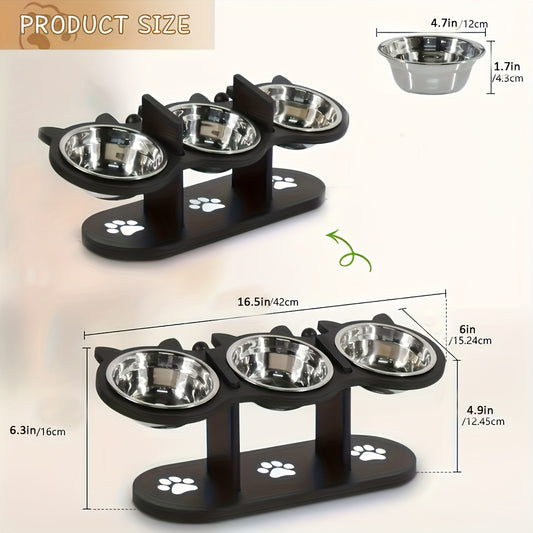 Elevated, adjustable cat and dog food bowl with tilted design for small pets. Includes 3 stainless steel stands for easy assembly and cleaning. Ideal for multiple kittens.