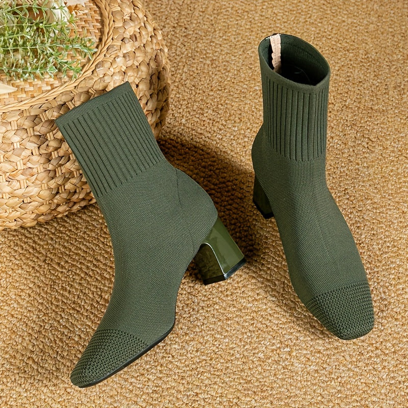 Women's square toe sock boots with high heel, solid color knit design, stretchy slip on style.