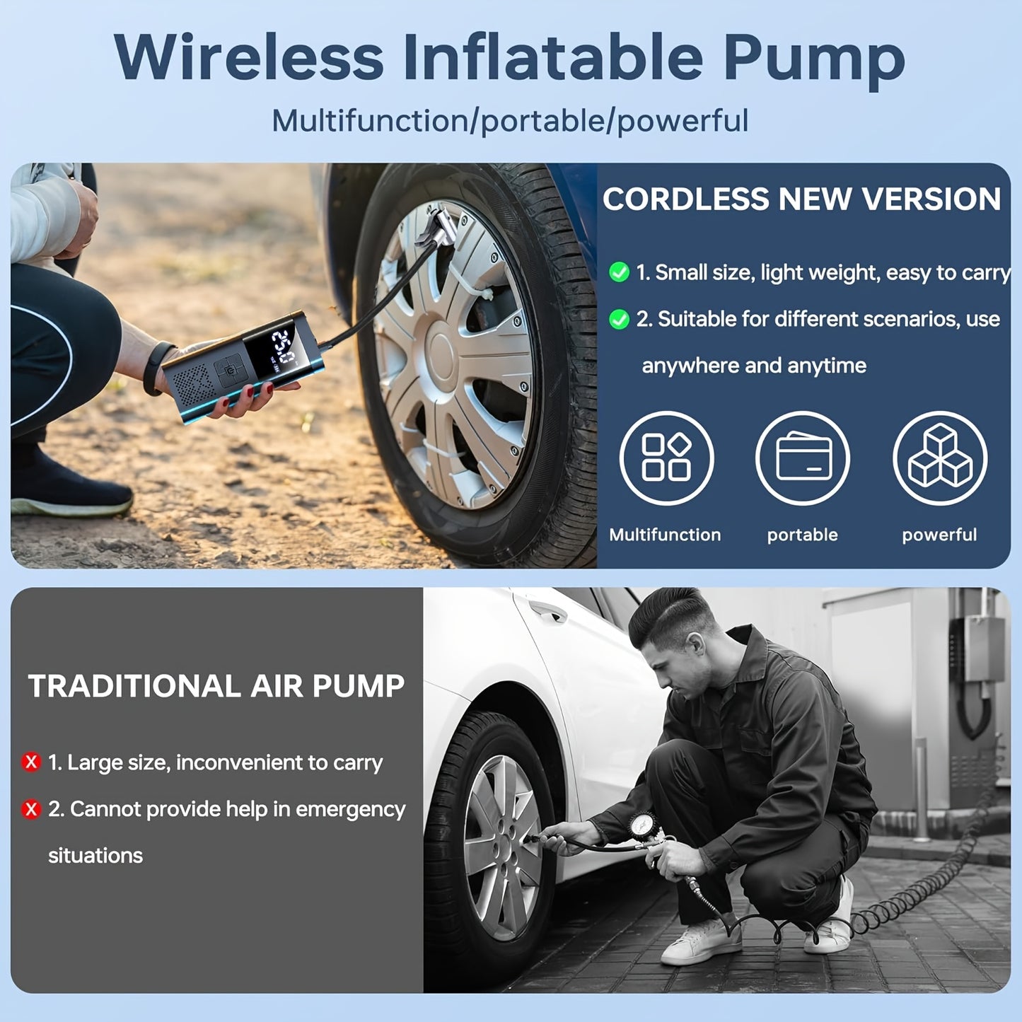 Compact 150PSI tire inflator with pressure gauge, LED light, and fast cordless operation. Works for vehicles, bikes, and sports balls.