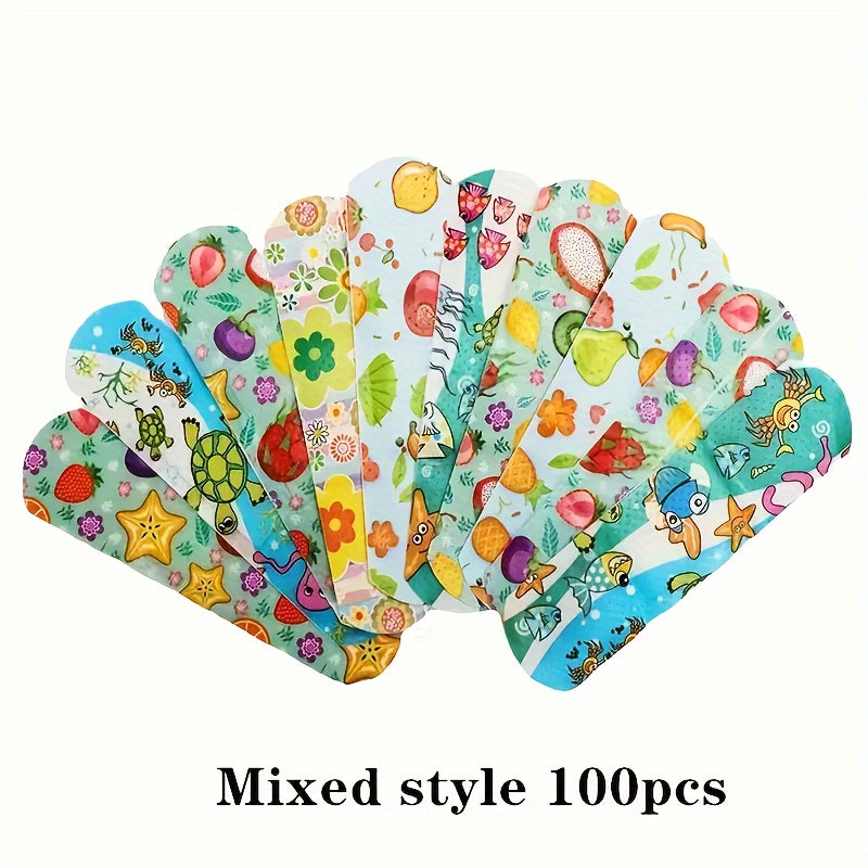 100 waterproof adhesive bandages featuring cartoon animal patterns made of cotton - ideal for outdoor medical use.