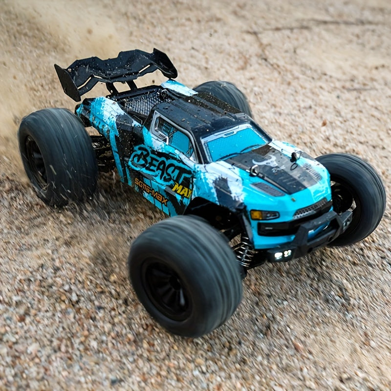 ZNLYRION Remote Control Off-Road Vehicle with Brushless Motor, 4WD, 80KM/H Speed, LED Headlights, Durable Plastic Body, Dynamic Graphics in Blue. Ideal for Outdoor Adventures.