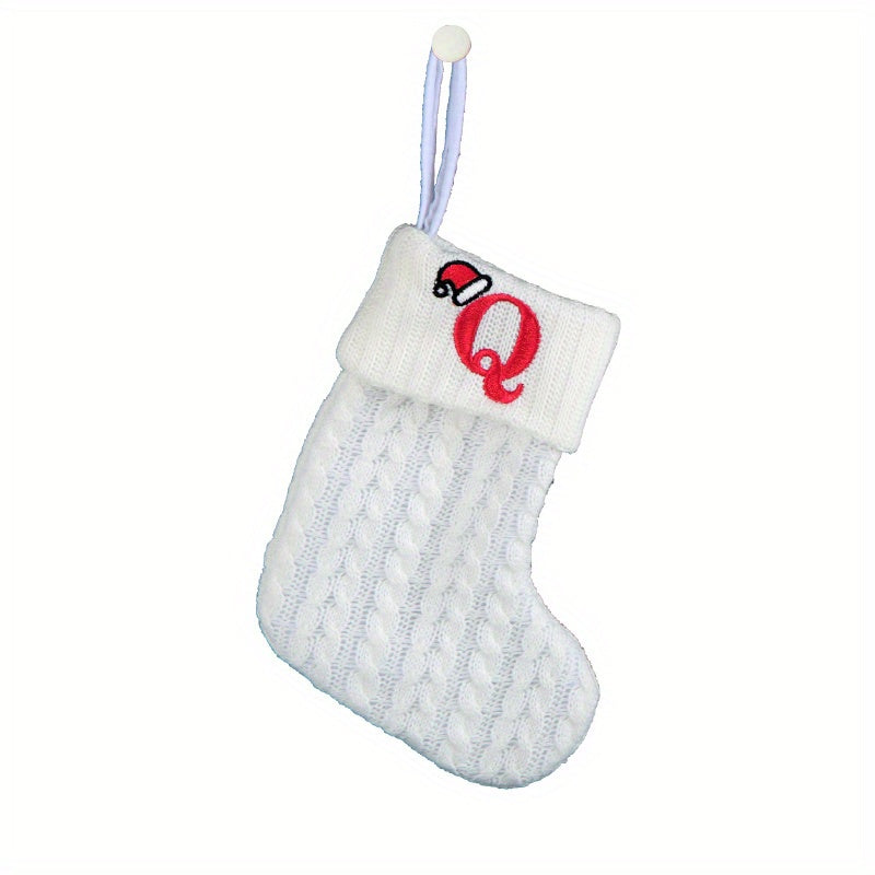 White cable knit stocking with embroidered 'F' - Ideal for indoor decor.