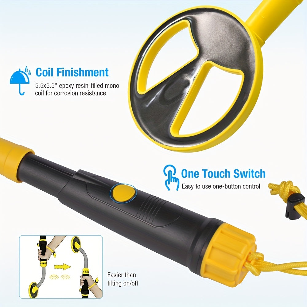 Underwater metal detector with LED & vibration alerts, ideal for diving & snorkeling, batteries not included.