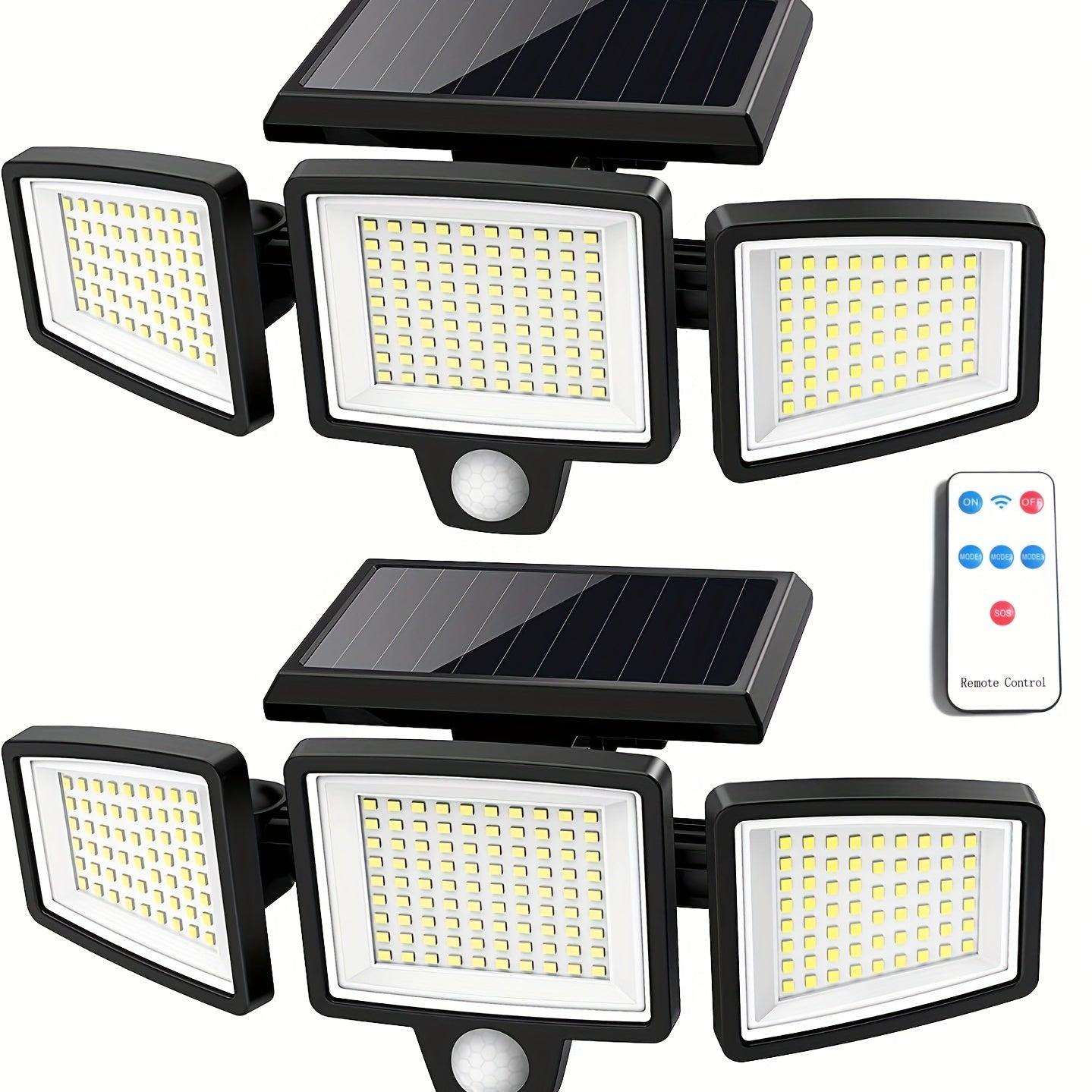 Triple head solar street light with 210 LEDs and 3 lighting modes, great for outdoor areas.