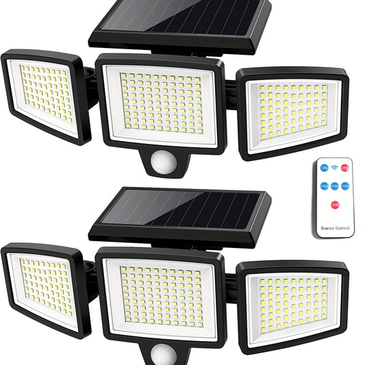 Triple head solar street light with 210 LEDs and 3 lighting modes, great for outdoor areas.