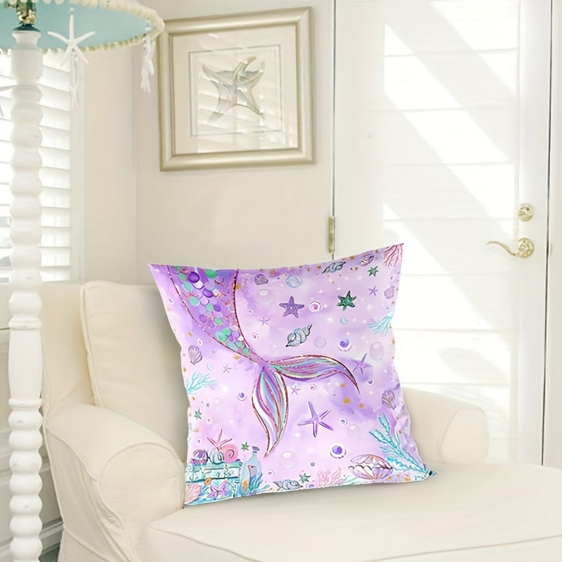 Whimsical Mermaid Tail Pillowcase - This unique pillowcase features a mermaid tail design made from soft peach skin polyester. The zippered cushion cover is in a vibrant purple color with colorful sea creatures and plants. It is machine washable and