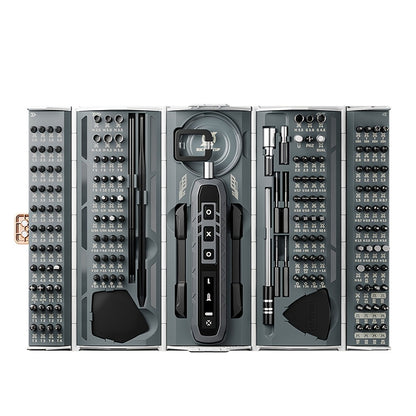 Compact electric screwdriver set with 3 torque settings, foldable design, 160 precision bits for various devices.