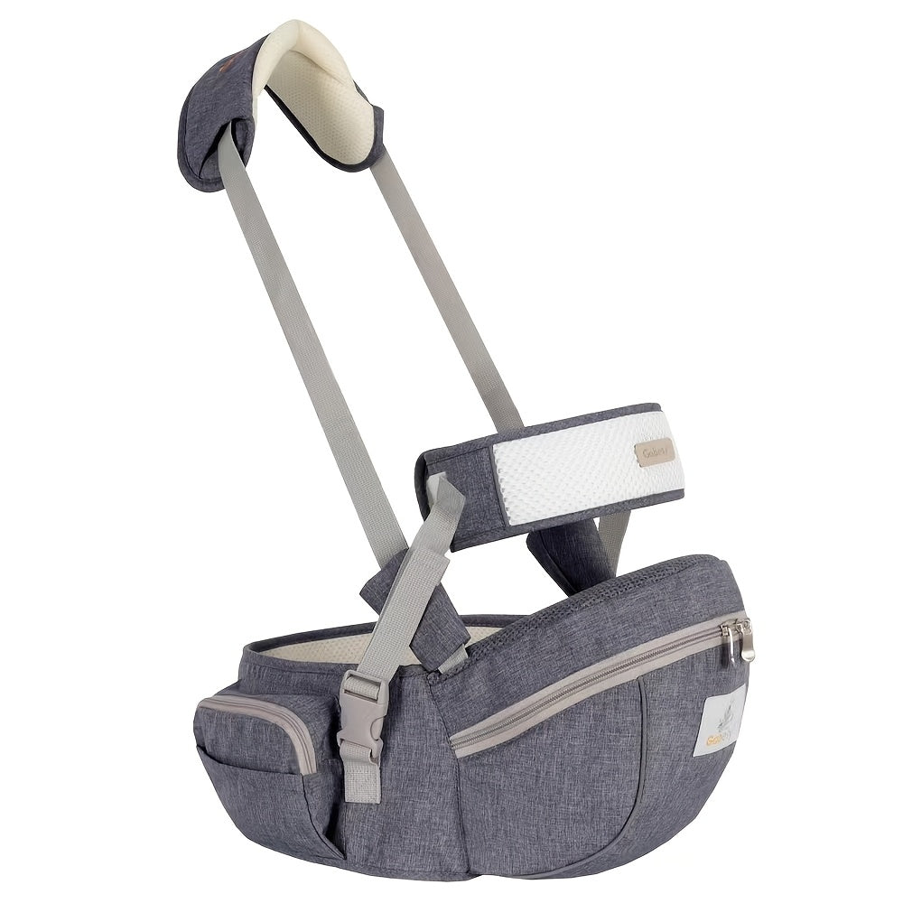 Multifunctional Gray Kids Carrier with Ergonomic Design - Includes Hip Seat, Shoulder Strap, Waist Belt & Storage Pocket - Made of Sturdy Polyester, Perfect for Active Parents - Great Gift for Holidays